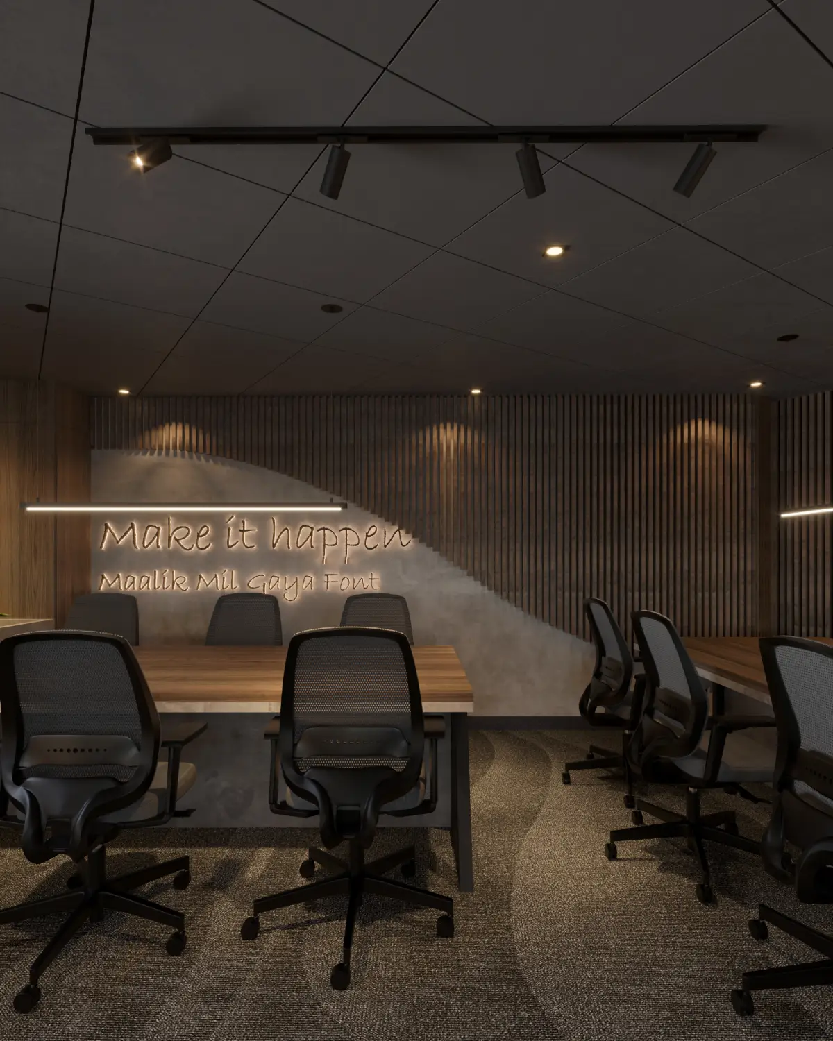 TopSpot Media open production floor render. Workstations with mesh task chairs facing a slatted feature wall with backlit Maalik Mil Gaya brand signage, corporate fitout, Lahore.