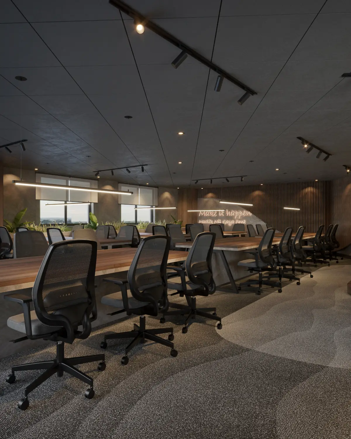 TopSpot Media production floor render. Workstation rows on patterned carpet with Make-it-happen feature wall in distance, corporate fitout, Lahore.
