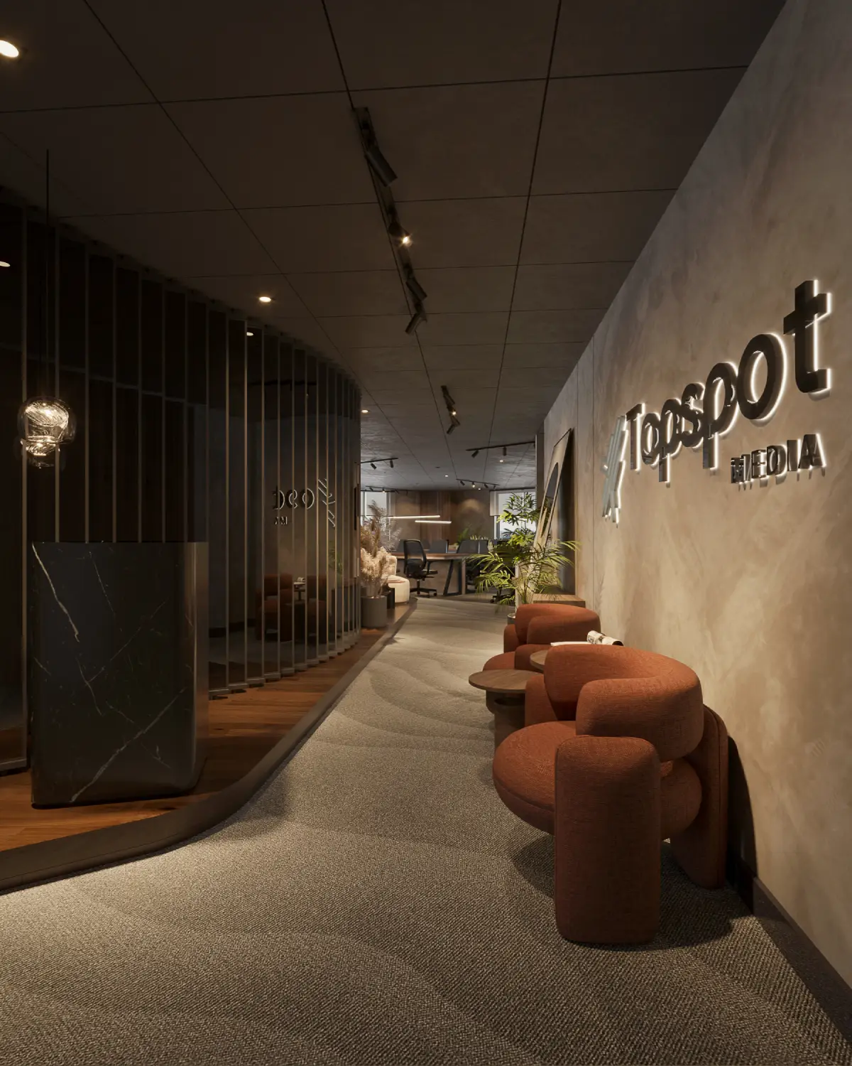 TopSpot Media reception corridor render. Long view past illuminated brand logo and slatted screen toward marble reception desk, terracotta accent seating, corporate fitout, Lahore.
