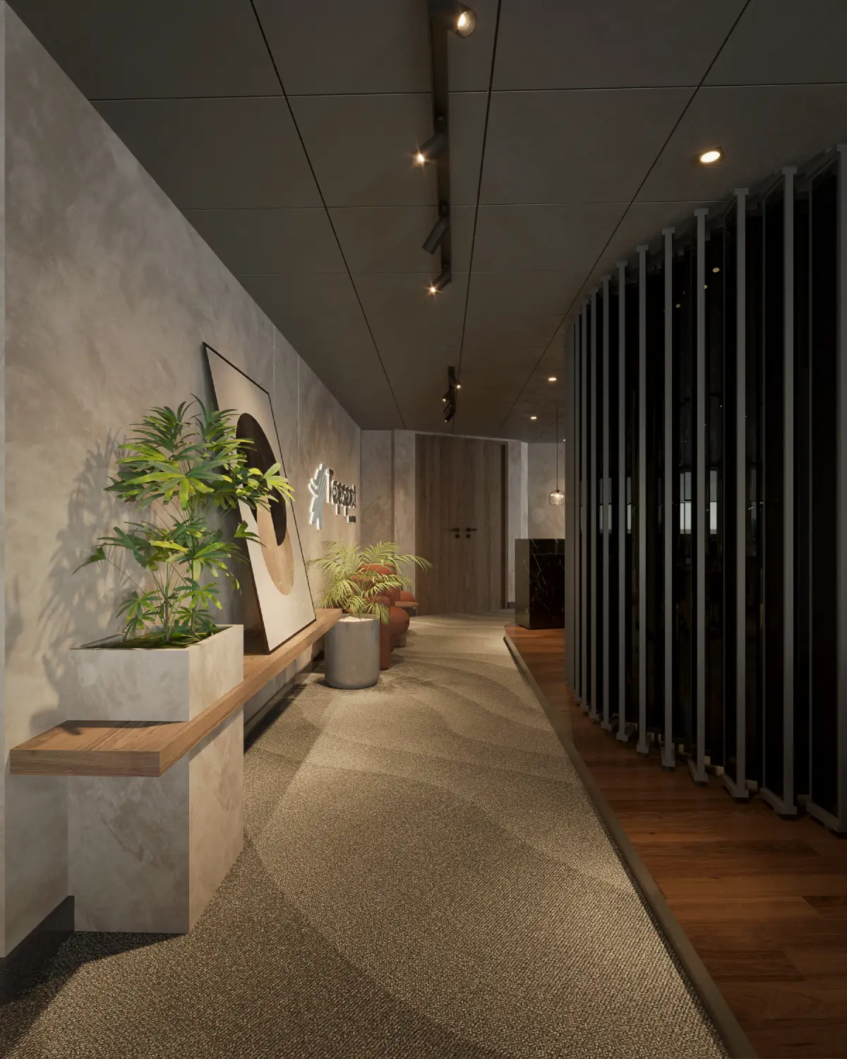 TopSpot Media entry hallway render. Slatted vertical screen and warm plaster wall with framed artwork, walnut floor leading to reception, corporate fitout, Lahore.