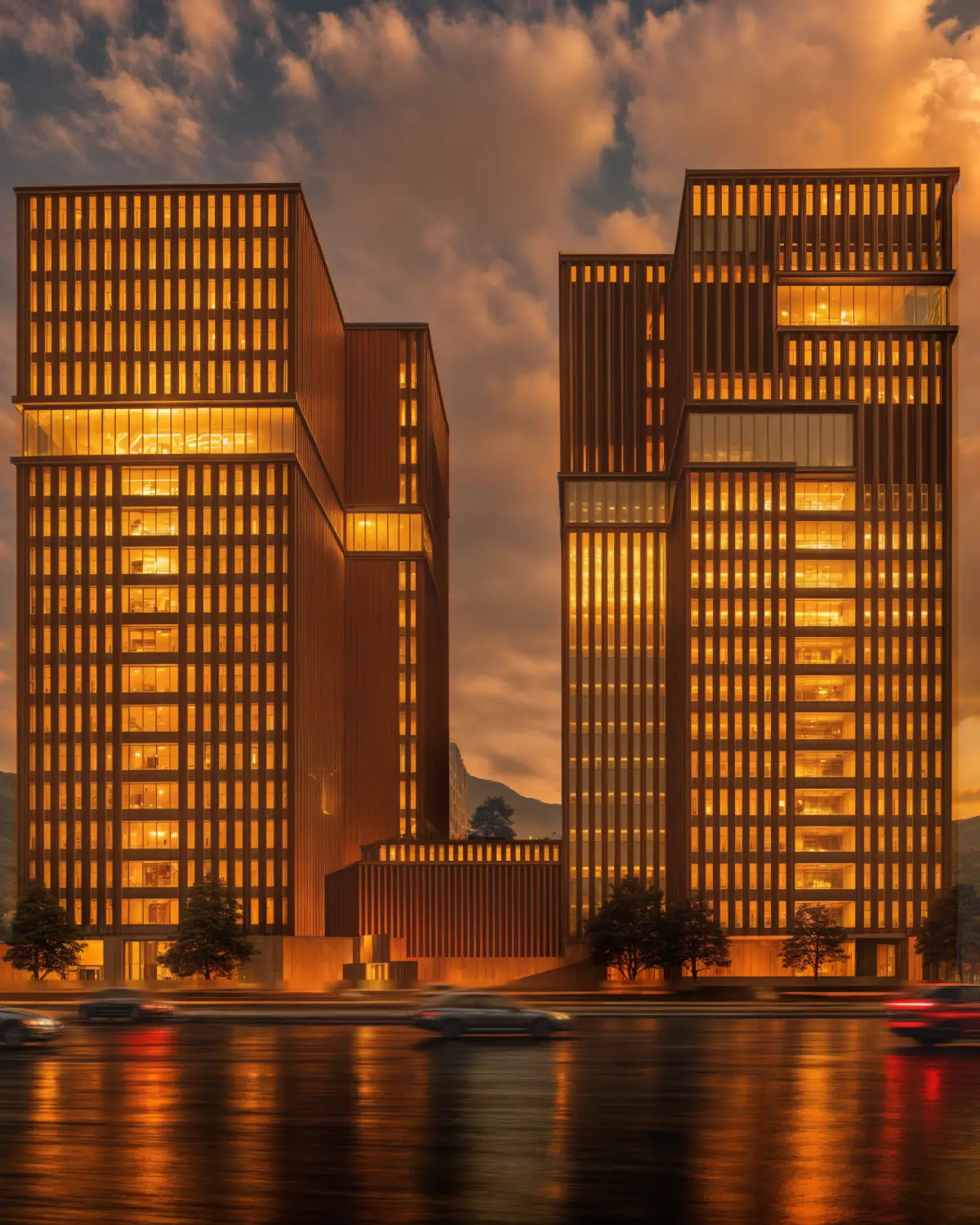 Z Apartments twin towers at dusk render. Vertical louver façade with apartments illuminated from within, urban context with motion-blur traffic, multi-unit residential concept, Islamabad.