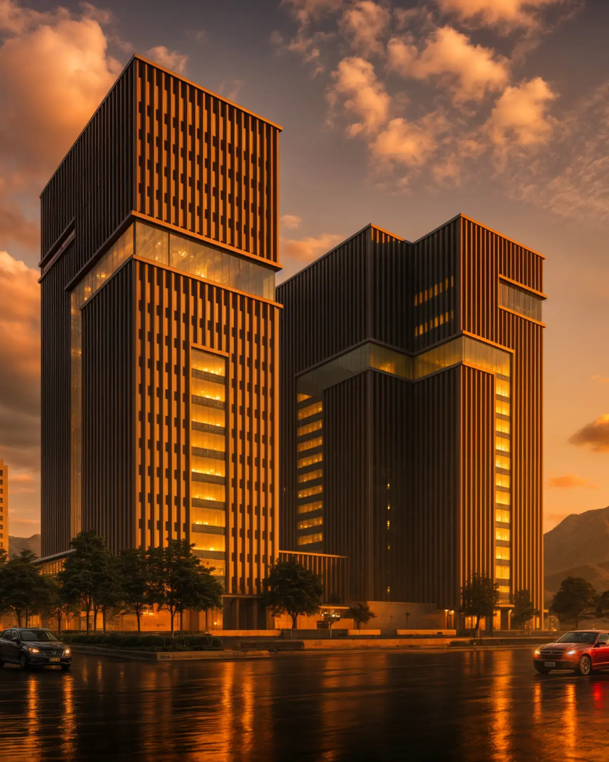 Z Apartments twin towers at sunset render. Vertical brise-soleil façade glowing in golden hour light, Margalla hills backdrop, multi-unit residential concept, Islamabad.
