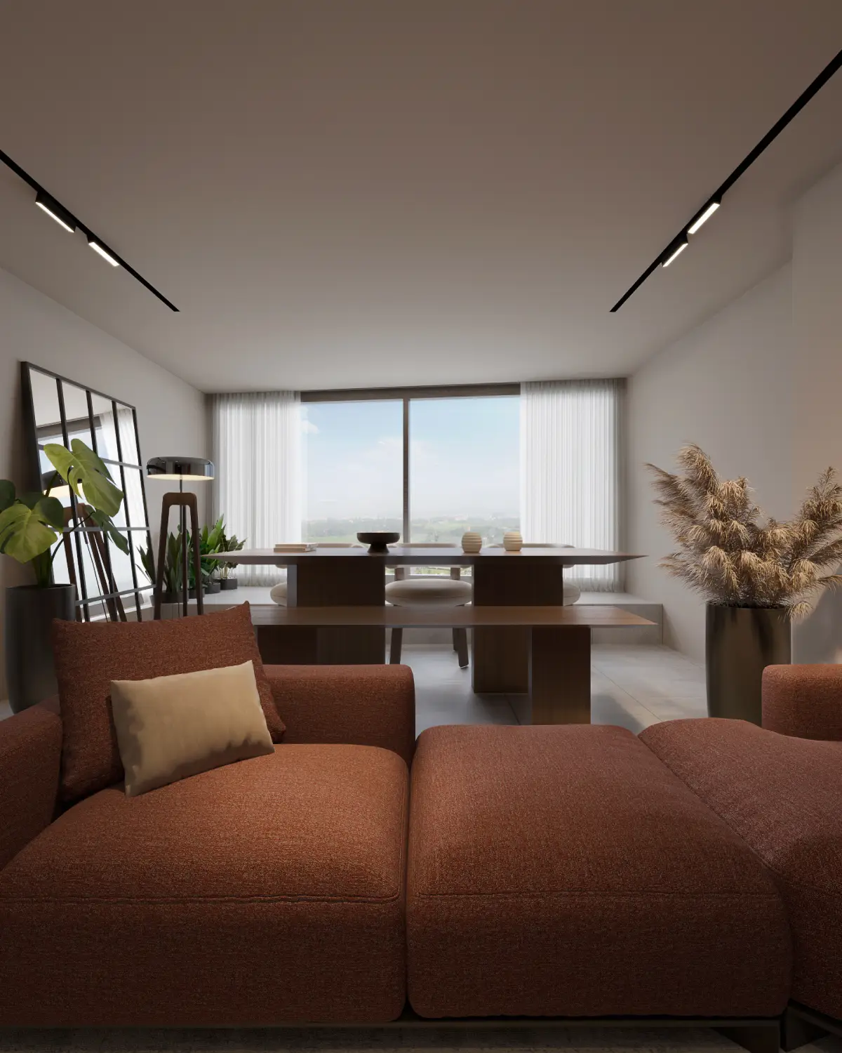 Z Apartments unit with city view render. Terracotta sectional, walnut dining table at full-height window with landscape view, large floor mirror, multi-unit residential interior concept, Islamabad.