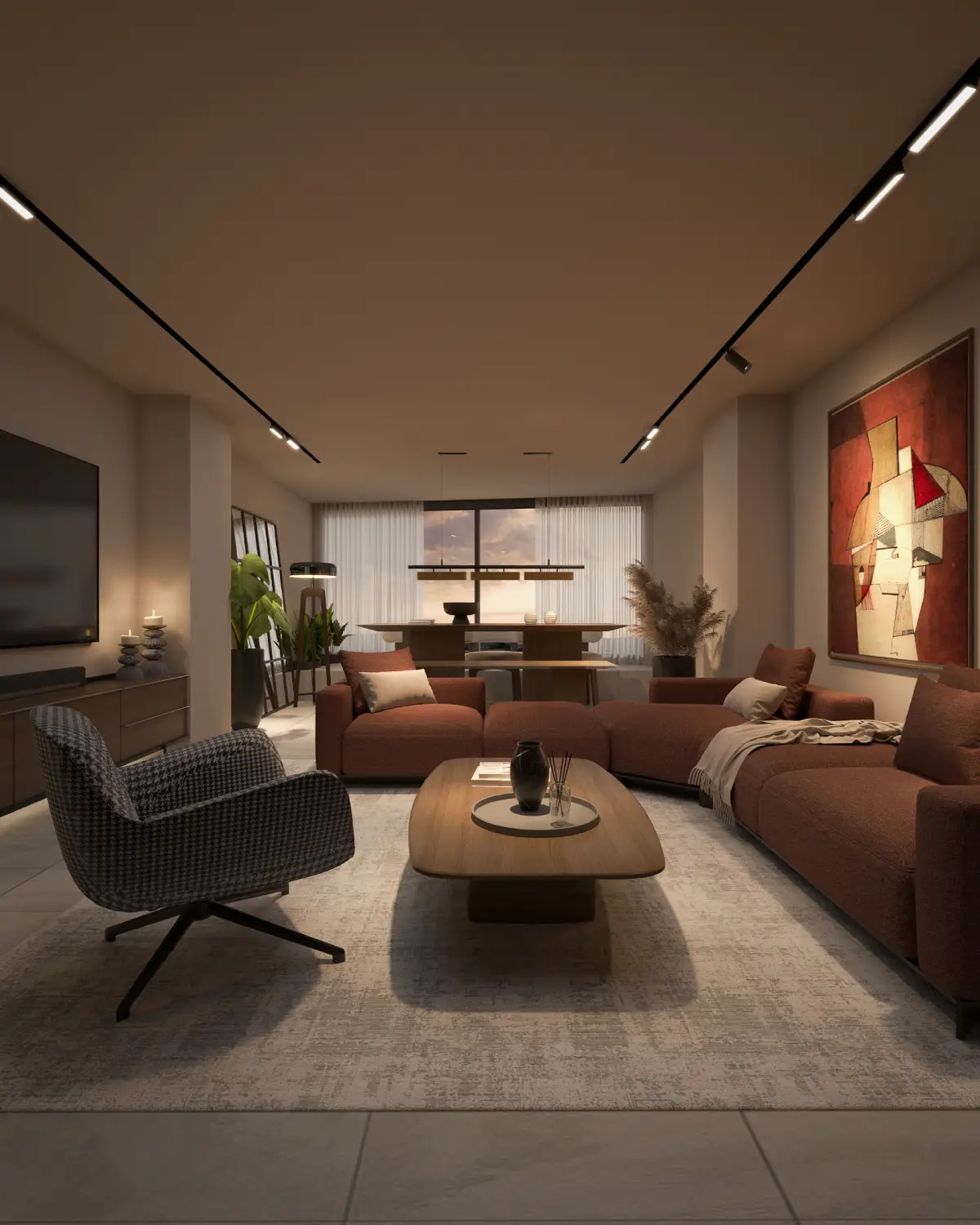 Z Apartments unit living and dining render. Terracotta sectional sofa with walnut TV credenza, abstract cubist artwork, dining table beyond, dark moody palette, multi-unit residential interior concept, Islamabad.