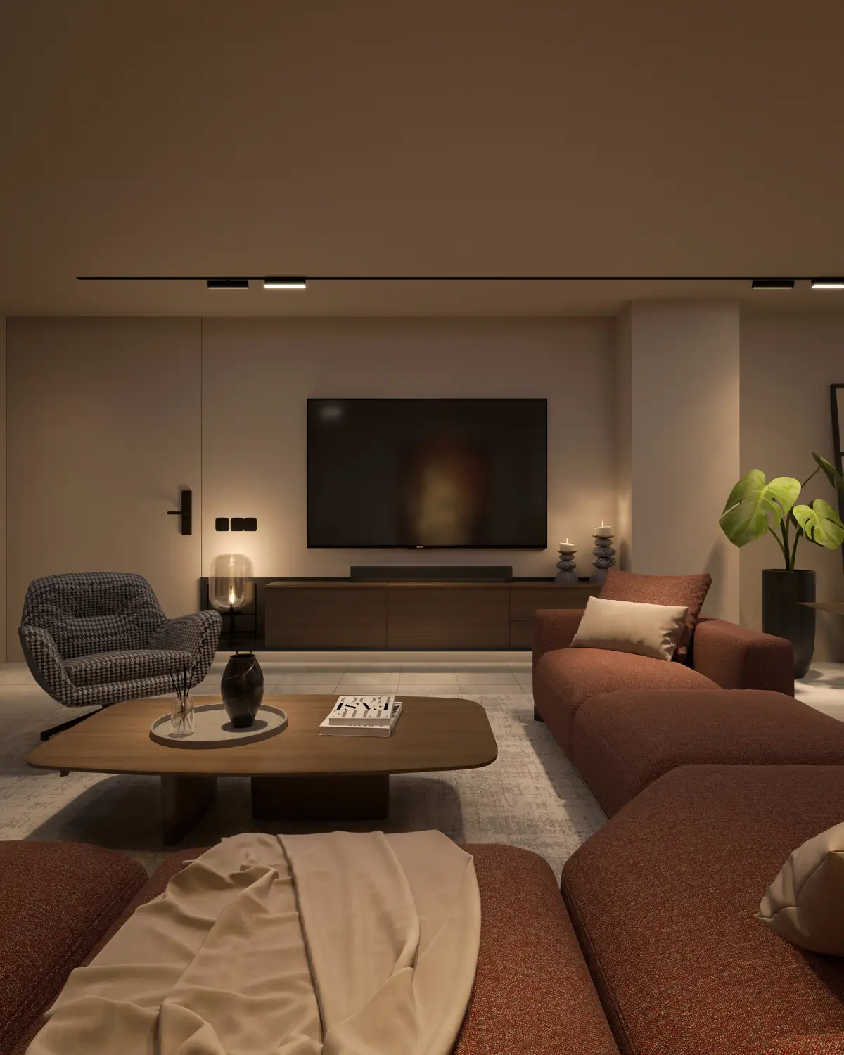 Z Apartments unit living room render. Terracotta boucle sectional, houndstooth swivel chair, walnut floating TV credenza, intimate warm linear lighting, multi-unit residential interior concept, Islamabad.