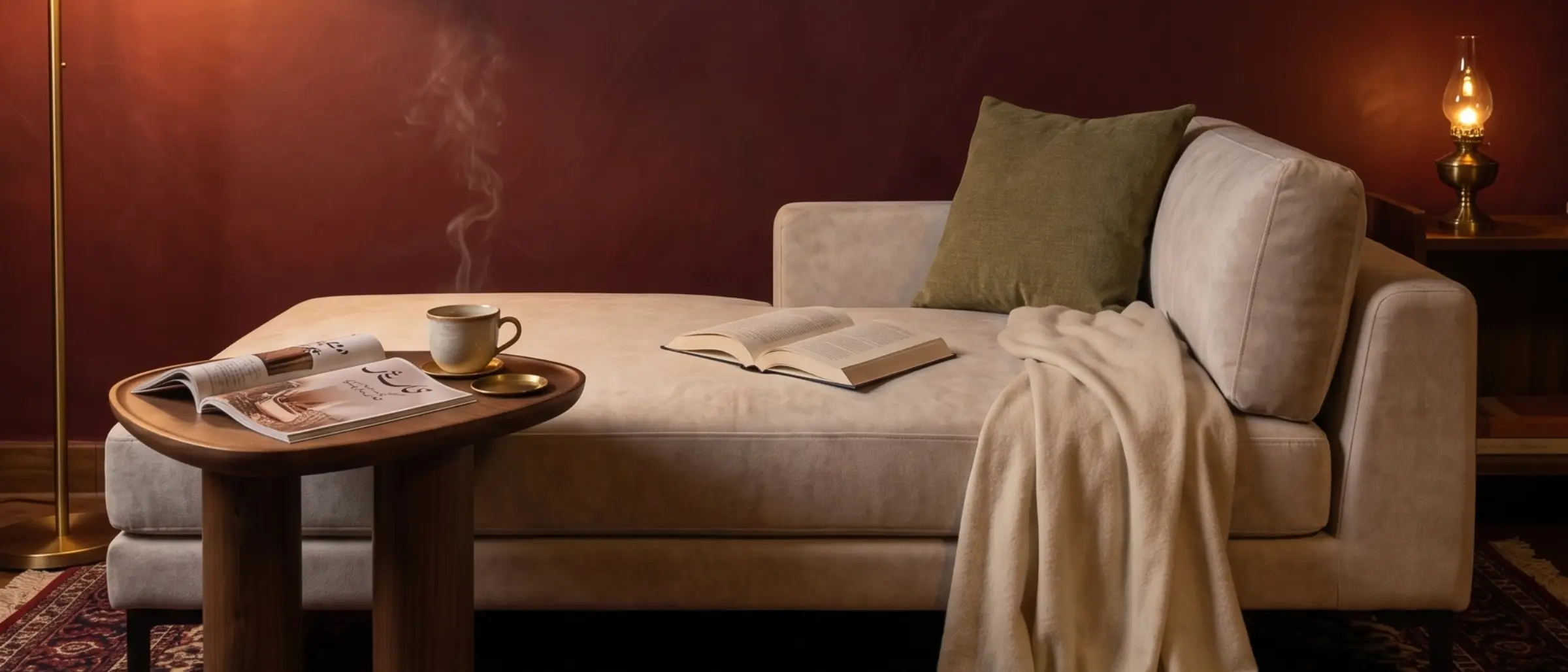 Monolith two-seat sofa in an Old Lahore drawing room with evening lamplight