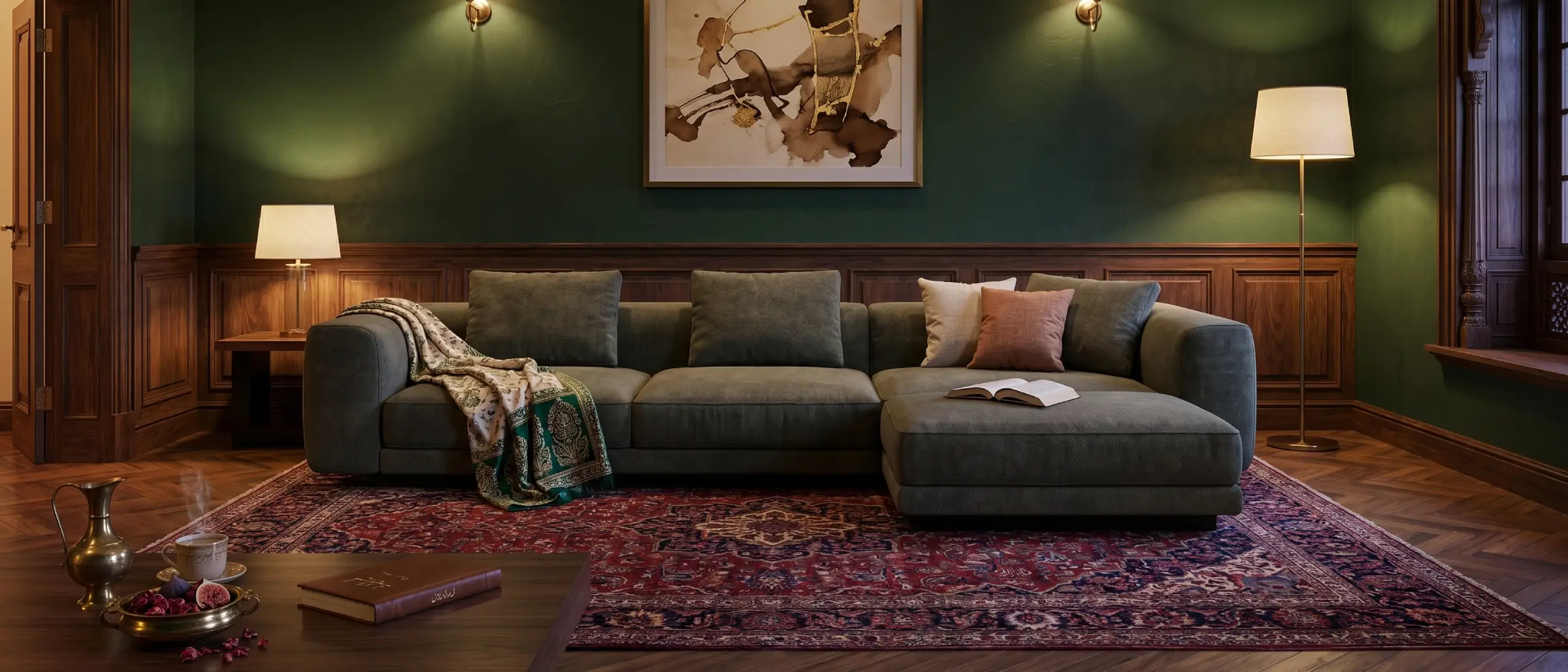 Monolith modular sectional sofa in moss-green linen, L-shape configuration in a wood-paneled room with Persian rug, Lahore
