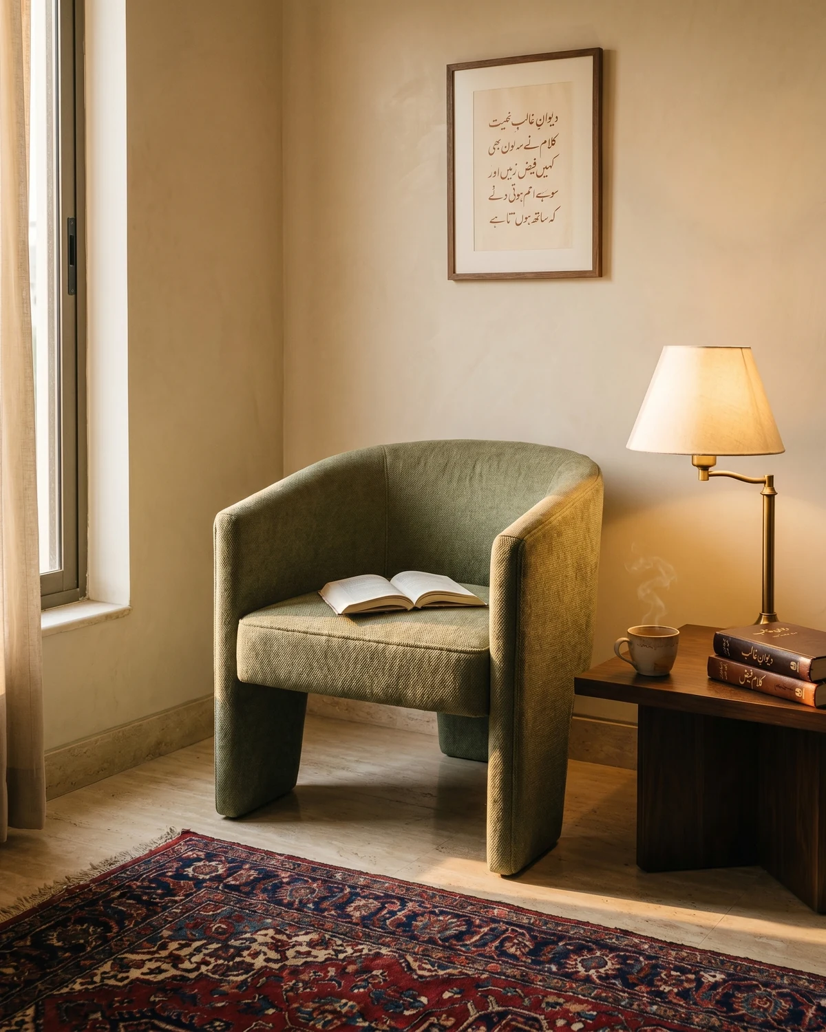 Quarry lounge chair in situ, oak frame and sage chenille seat in a Lahore reading nook with Urdu calligraphy and brass swing-arm lamp